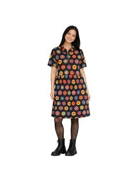 Dangerfield Floral 10 Print Dress With Zip Front & Short Sleeves 100% Cotton